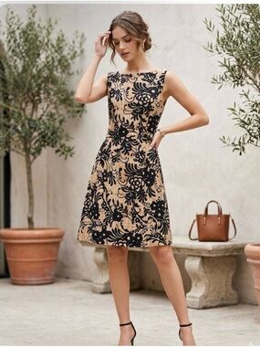 Tabitha Sleeveless Black Floral Lace-Effect Tan A-Line Dress